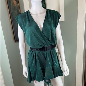 Dress Day Green Shimmer Pleat Fabric Shorts Romper Mini Dress Large L Wrap